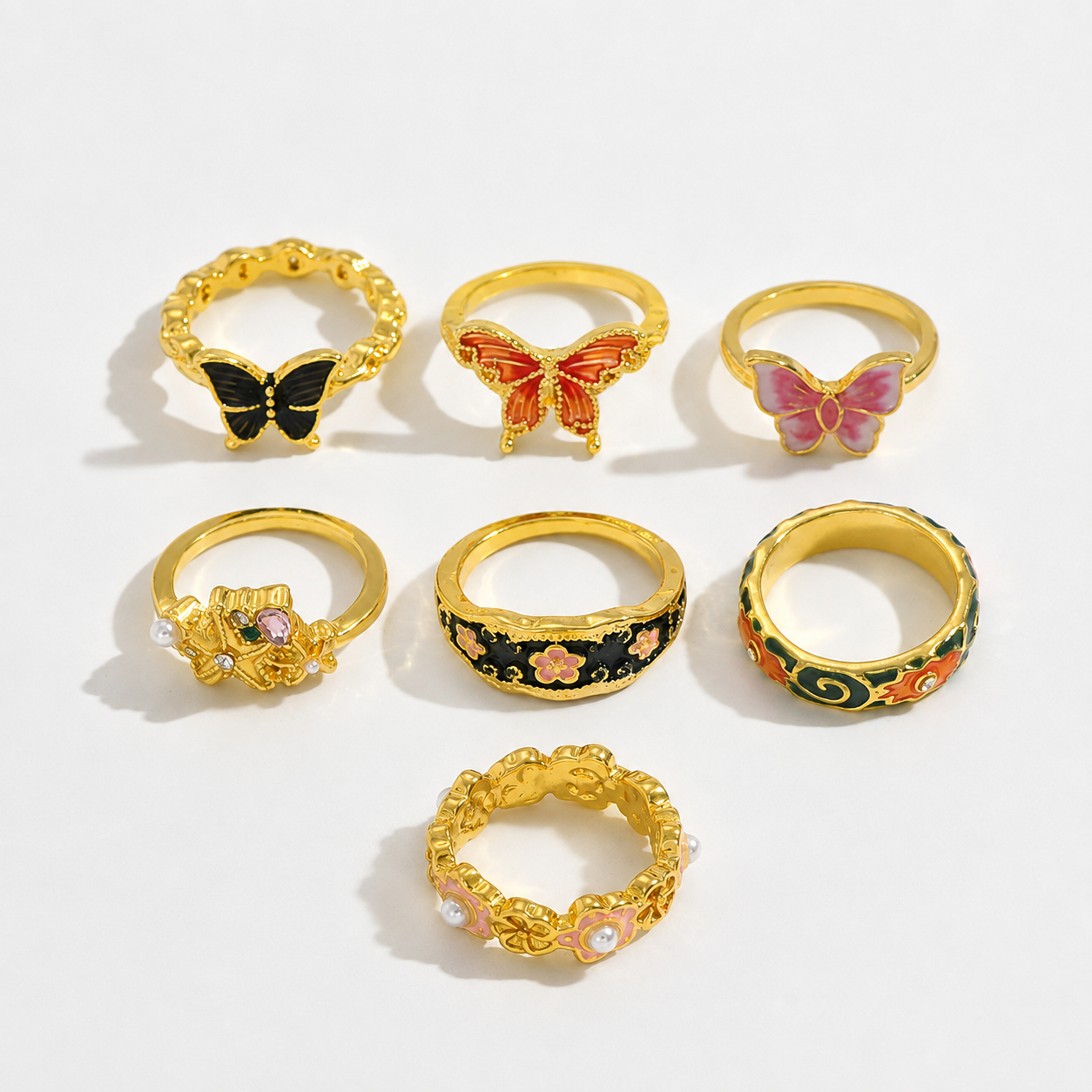 Whimsical Butterfly Floral Ring Set