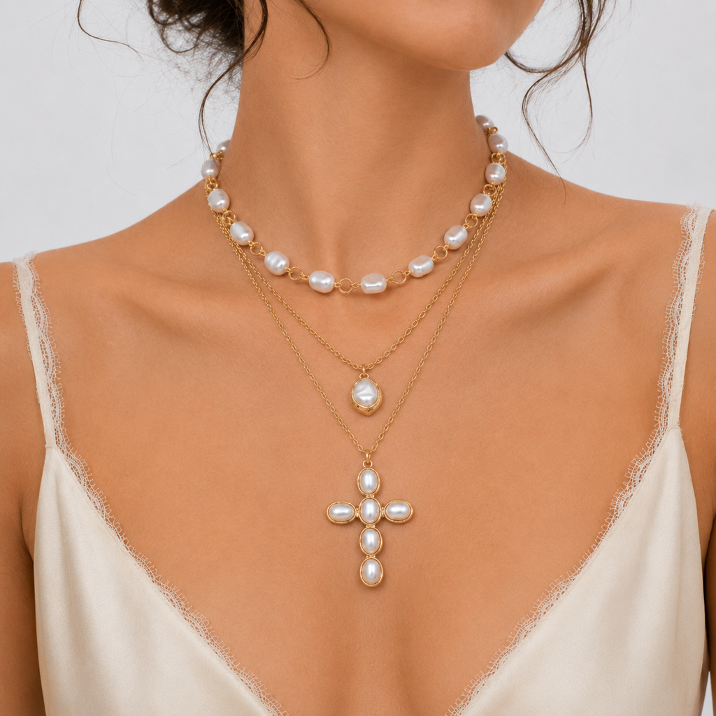 Baroque Cross Layered Necklace