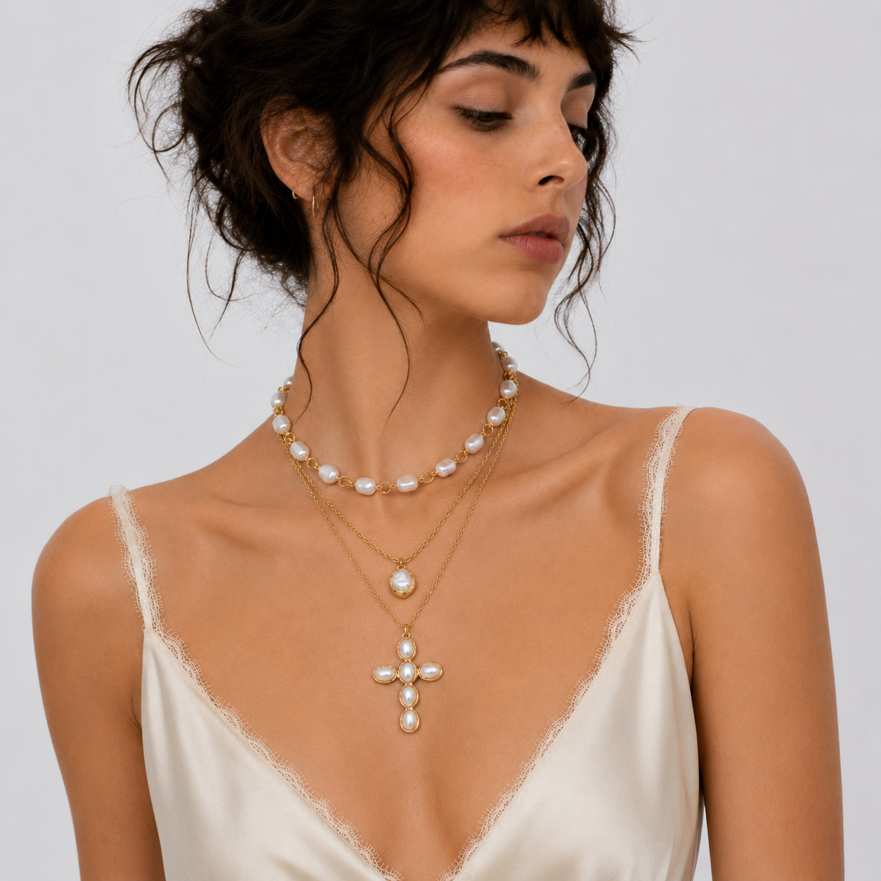 Baroque Cross Layered Necklace
