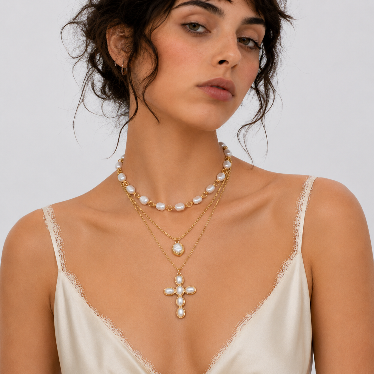 Baroque Cross Layered Necklace