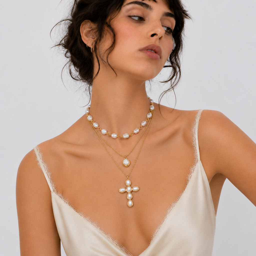 Baroque Cross Layered Necklace