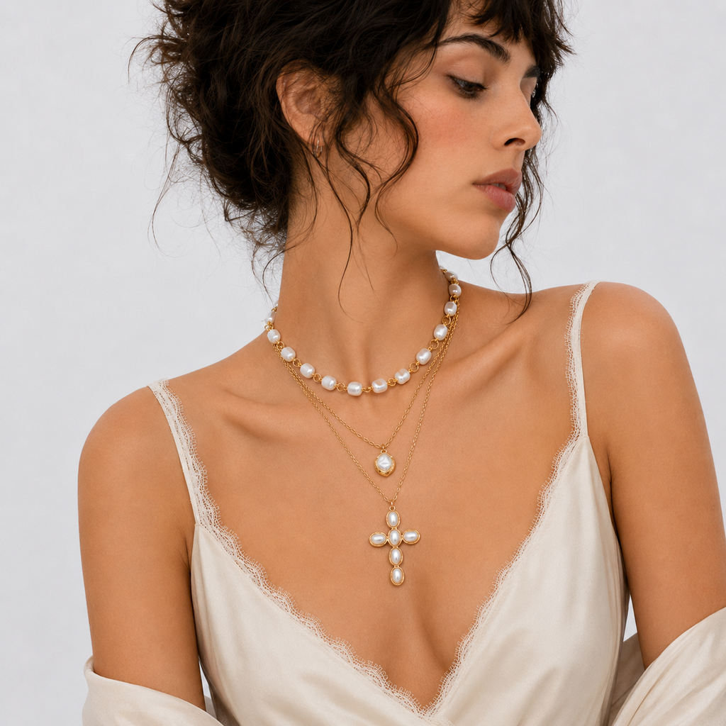 Baroque Cross Layered Necklace