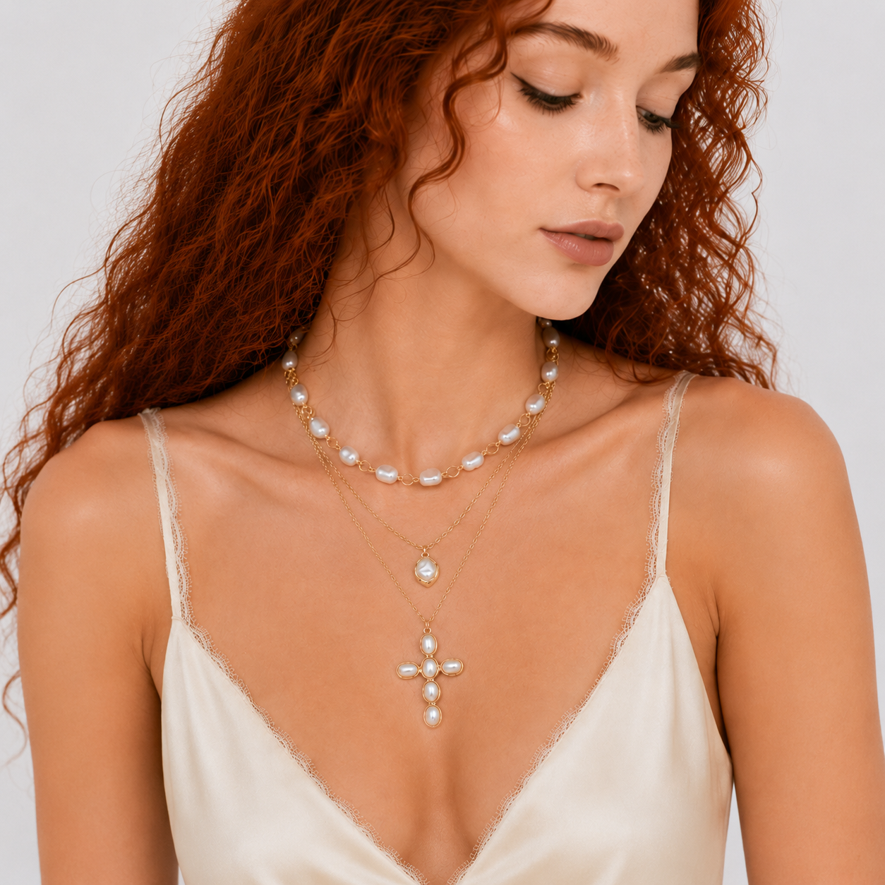 Baroque Cross Layered Necklace